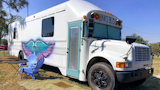 The Binkerds raised the skoolie’s ceiling height two feet so it now measures eight feet, which gives the tiny home a feeling of spaciousness.