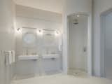 The main bath falls to the "white" family of objects designed by Fiedler Marciano Architecture and is one of architect Mark Fiedler's favorite rooms in the home.