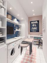 Thiss Scandi-inspired two-story home near Lake Malakhovskoye in Russia by Russian practice INT2 Architecture has a commodious pastel colored laundry room with a cozy little sewing nook.