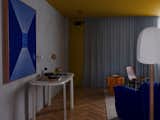 <span style="font-family: Theinhardt, -apple-system, BlinkMacSystemFont, &quot;Segoe UI&quot;, Roboto, Oxygen-Sans, Ubuntu, Cantarell, &quot;Helvetica Neue&quot;, sans-serif;">The blue painting—by emerging Australian artist </span><span style="font-family: Theinhardt, -apple-system, BlinkMacSystemFont, &quot;Segoe UI&quot;, Roboto, Oxygen-Sans, Ubuntu, Cantarell, &quot;Helvetica Neue&quot;, sans-serif;">Kasper Raglus—picks up on the soft, powder blue shade of the curtain and the cobalt armchair. The table beneath the painting is the Orbit console by Faye Toogood for Tacchini.</span>
